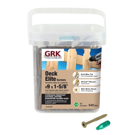 Grk Fasteners Deck Screw, #9 x 1-5/8 in, Steel, Trim Head, Torx Drive, 540 PK 19159
